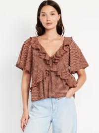 Old Navy Ruffle V-Neck Top Brown Plaid