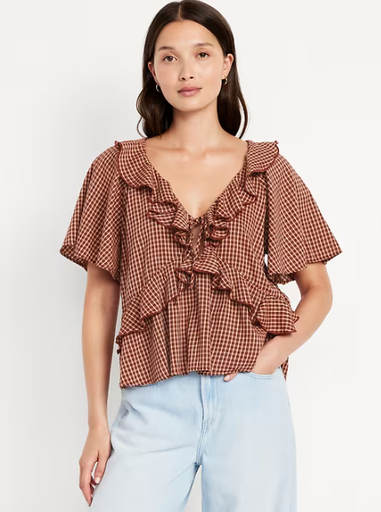 Old Navy Ruffle V-Neck Top Brown Plaid