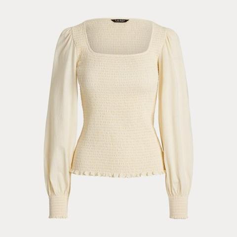 Ralph Lauren Smocked Jersey Blouson-Sleeve Top