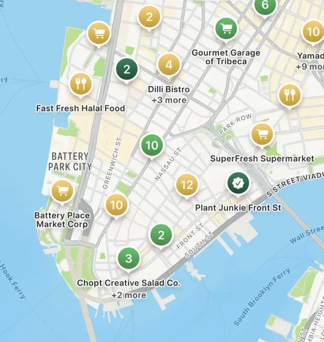 Scout map showing scored stores and restaurants in lower Manhattan