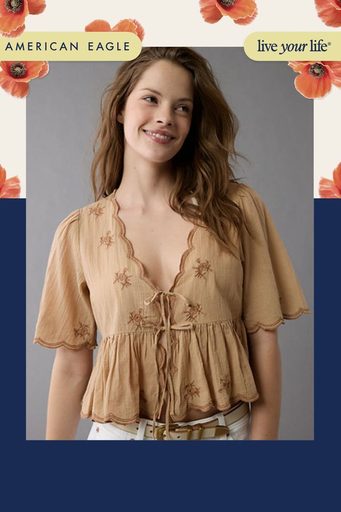 American Eagle Embroidered Tie Front V-Neck Blouse