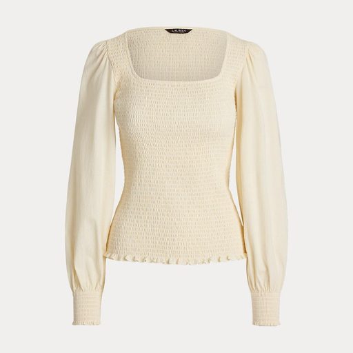 Ralph Lauren Smocked Jersey Blouson-Sleeve Top
