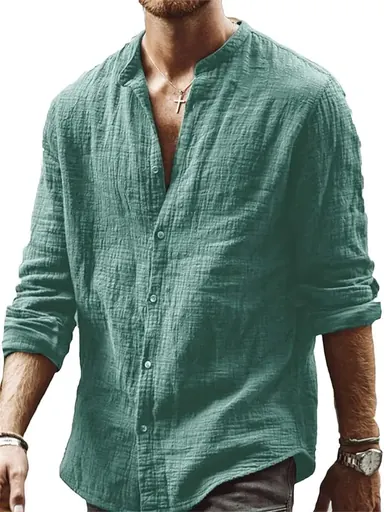 LIZALIG Mens Long Sleeve Linen Shirt Stand Collar Button Front